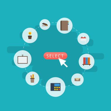 Düz simgeler kalem sahibi, beyaz tahta, kitapçı ve diğer vektör öğeleri. Çalışma alanı düz simgeler simge kümesi de klip, telefon, Tarih nesneleri içerir.