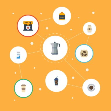 Düz simgeler daire, içecek, kahve makinesi ve diğer vektör öğeleri. Kahve düz simgeler simge kümesi de tatlandırıcı, Kupası, nesnelere içerir.