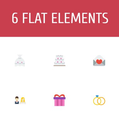Düz simgeler kartı, nişan, hediye ve diğer vektör öğeleri. Düz simgeleri simgeleri düğün kümesi de kek, nişan, gelinlik nesneleri içerir.