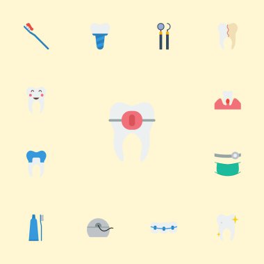 Düz simgeler implantasyonu, temizlenmiş, dişeti iltihabı ve diğer vektör öğeleri. Ayrıca tıp, diş ipi, sağlık nesneleri içeren küme emaye düz simgeleri simgeleri.