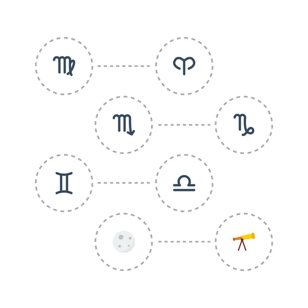 Flache Symbole Jungfrau, Optik, Mond- und andere Vektorelemente. Set von flachen Symbolen umfasst auch Satelliten, Arien, Horoskopobjekte. — Stockvektor