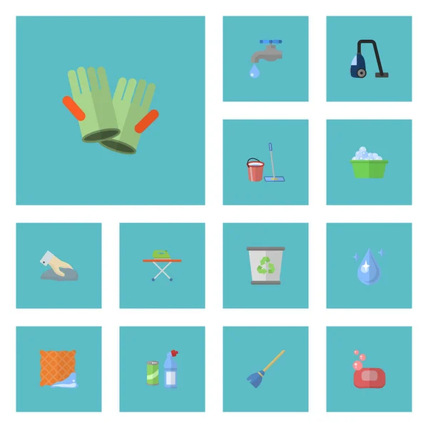Iconos planos Guantelete, toalla, barredora y otros elementos vectoriales. Conjunto de símbolos de iconos planos de higiene también incluye grifo, toalla, objetos de agua . — Vector de stock