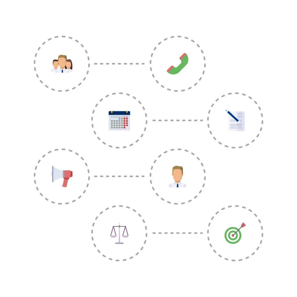 Icônes plates Téléphone, groupe, calendrier et autres éléments vectoriels. Ensemble de symboles d'icônes plates d'affaires comprend également l'objectif, le stylo, les objets d'unité . — Image vectorielle