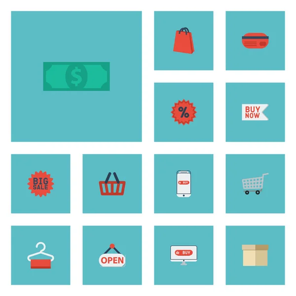 Platt ikoner kontant, betalning, tecken och andra Vector-element. Uppsättning av Shopping platt ikoner symboler ingår även skifte, kassa, försäljning objekt. — Stock vektor
