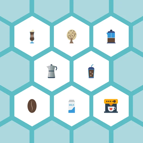 Iconos planos Mocha, Bebida, Moka Pot y otros elementos vectoriales. Conjunto de símbolos de iconos planos de bebidas también incluye leche, prensa, objetos de frijol . — Vector de stock
