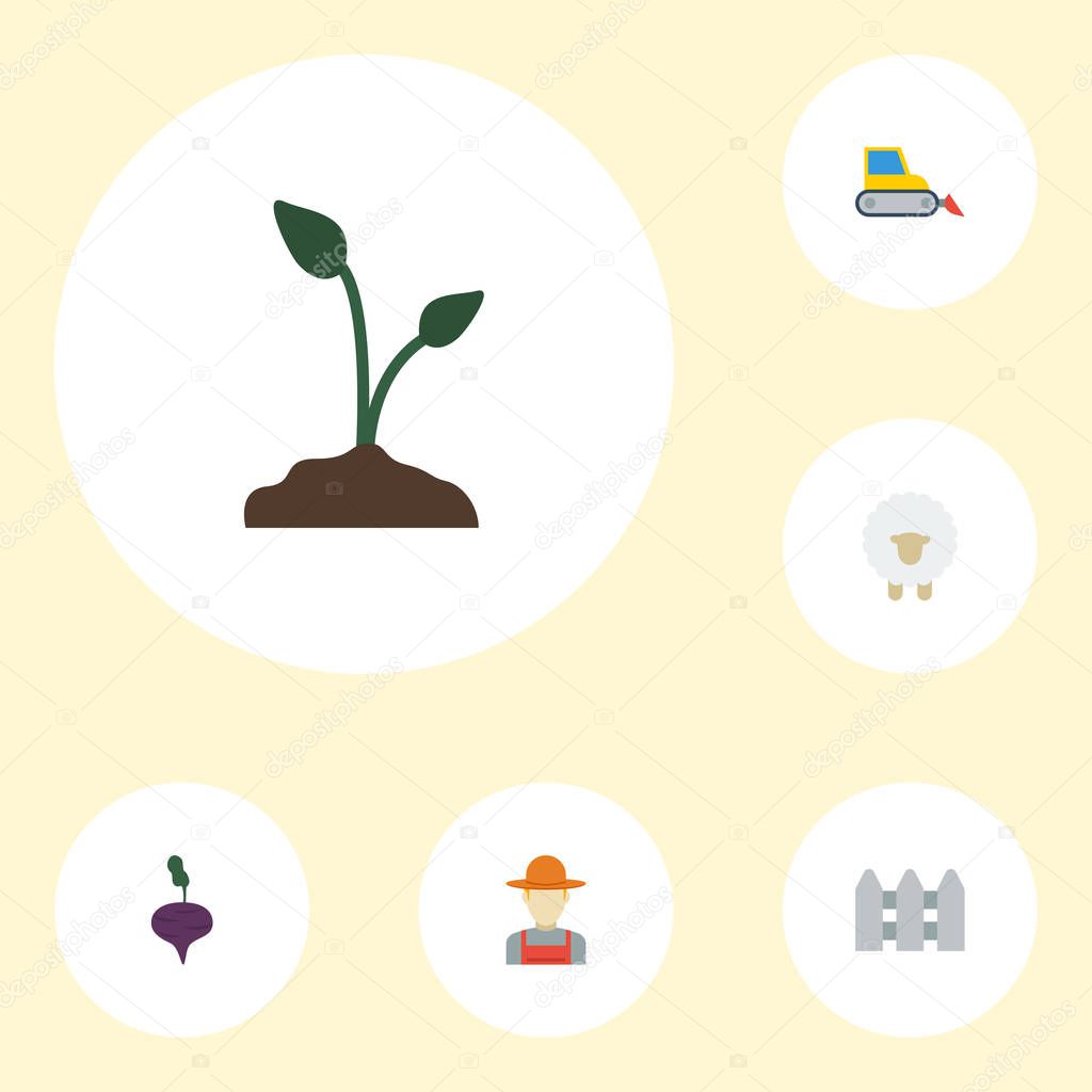 Flat Icons Bulldozer, Radish, Wooden Barrier And Other Vector Elements. Set Of Harvest Flat Icons Symbols Also Includes Radish, Lamb, Wooden Objects.