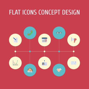 Düz simgeler kimlik kartı, gözlükler, el sıkışma vektör öğeleri. İş düz simgeler simge kümesi de rozet, telefon, belgenin nesnelerini içerir.