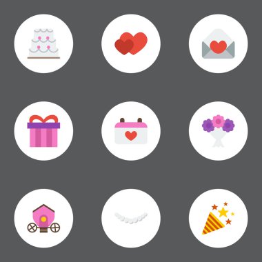 Düz simgeler aşk, bugünü, savaş arabası ve diğer vektör öğeleri. Ayrıca Gharry, Soul, evlilik nesneleri içeren küme töreni düz simgeleri simgeleri.