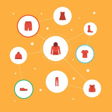 Düz simgeler yelek, Sweatshirt, pantolon ve diğer vektör öğeleri. Giysi düz simgeler simge kümesi de pantolon, yelek, Ayakkabı nesneleri içerir.