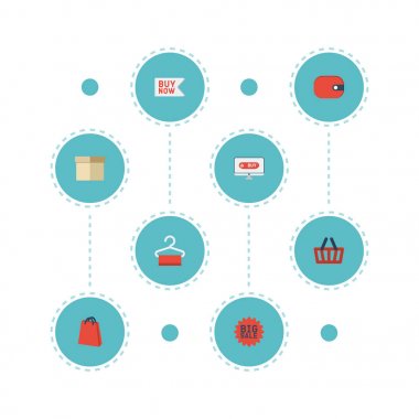 Düz simgeler kese, alışveriş, çanta ve diğer vektör öğeleri. Mağaza düz simgeler simge kümesi de Satılık, şimdi, kutusu nesneleri içerir.