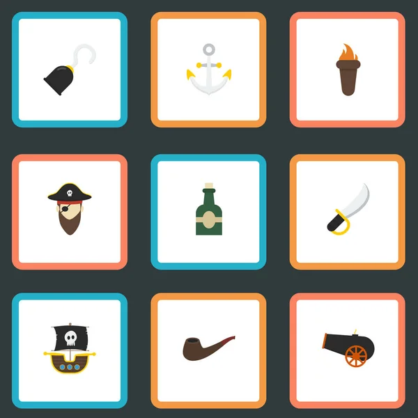 Lapos ikonok dohány, hajó, Szabó és egyéb vektoros elemek. Corsair lapos ikonok szimbólumok is tartalmaz láng, kéz, fáklya objektumok. — Stock Vector