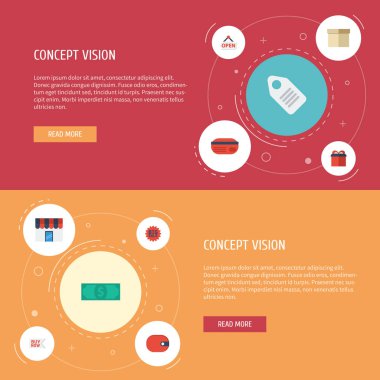 Düz simgeler etiket, hediye, para ve diğer vektör öğeleri. Mağaza düz simgeler simge kümesi de içerir çanta, rozet, ambalaj nesneleri.