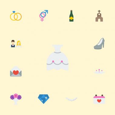 Düz simgeler Fizz, Sandal, takvim vektör öğeleri. Ayrıca evlilik, Gelin, mücevher nesneleri içeren küme töreni düz simgeleri simgeleri.