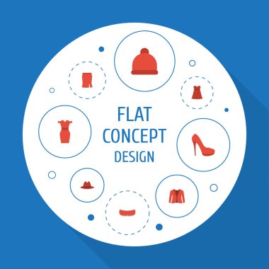 Düz simgeler Topuklu ayakkabı, Sundress, Fedora ve diğer vektör öğeleri. Giysi düz simgeler simge kümesi de moda, iç çamaşırı, topuklu nesneleri içerir.