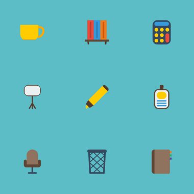 Düz simgeler çöp sepeti, kimlik, kitapçı ve diğer vektör öğeleri. Çalışma alanı düz simgeler simge kümesi de kitap, kitaplık içerir, nesneleri hesaplamak.