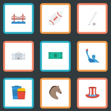 Düz simgeler Beyaz Saray, dolar, Özgürlük Anıtı ve diğer vektör öğeleri. ABD düz simgeler simge kümesi de at, şapka, içki nesneleri içerir.