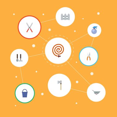 Düz kutsal kişilerin resmi Bahçe Hortum, el arabası, budayıcı ve diğer vektör öğeleri. Bahçe Bitkileri düz simgeler simge kümesi de makas, sprey, aletleri nesneleri içerir.