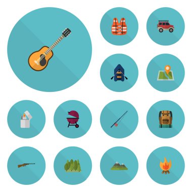 Düz simgeler Barbekü, hayatımı kurtardın, silah ve diğer vektör öğeleri. Kamp düz simgeler simge kümesi de Balefire, Suv, şenlik ateşi nesneleri içerir.