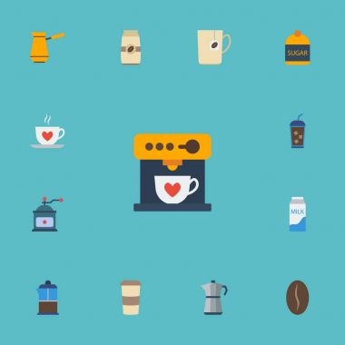 Düz simgeler plastik kap, tatlandırıcı, kahve makinesi ve diğer vektör öğeleri. İçecek düz simgeler simge kümesi de içerir Türk, cep, Pot nesneleri.