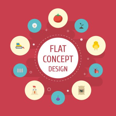 Düz simgeler Fideler, peyzaj, horoz vektör öğeleri. Tarım düz simgeler simge kümesi de içerir bariyer, horoz, horoz nesneleri.