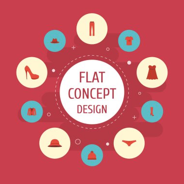 Şık şapkalar, topuklu ayakkabı, Fedora ve diğer vektör öğeleri düz simgeler. Giysi düz simgeler simge kümesi de iç çamaşırı, kadın, Panama nesneleri içerir.