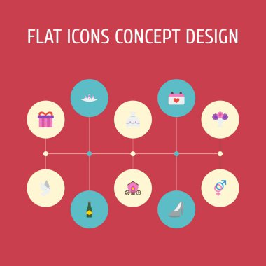 Düz simgeler aksesuarları, takvim, hediye ve diğer vektör öğeleri. Evlilik düz simgeler simge kümesi de içerir aksesuarları, Fizz, Sandal nesneleri.