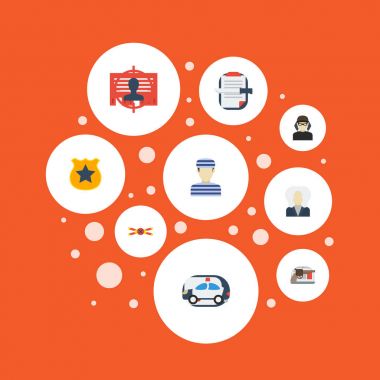 Düz simgeler hırsız, süngü, uyarı şerit ve diğer vektör öğeleri. Suç düz simgeler simge kümesi de içerir şüpheli, otomobil, Revolver nesneleri.