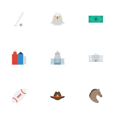 Düz simgeler kovboy, Beyaz Saray, kuş ve diğer vektör öğeleri. Ayrıca Şerif, yarasa, kuş nesneleri içeren küme Amerika düz simgeleri simgeleri.
