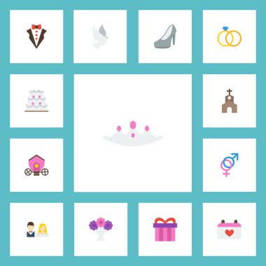 Simgeler damat elbise, bugünü, Bina ve diğer vektör öğeleri düz. Evlilik düz simgeler simge kümesi de nişan, takvim, takım elbise nesneleri içerir.