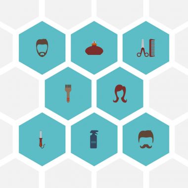 Düz simgeler bıyık, parfüm, kadın ve diğer vektör öğeleri. Berber düz simgeler simge kümesi de kıl, Curling, bıyık nesneleri içerir.