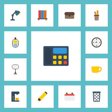 Düz simgeler kurulu standı, masası ışık, kitapçı vektör öğeleri. Office düz simgeler simge kümesi de içerir kitaplık, ışık, kahve nesneleri.