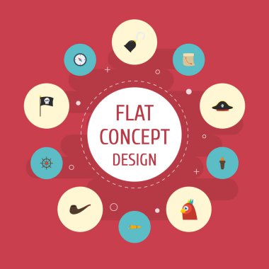 Düz simgeler korsan, gemi direksiyon simidi, tütün ve diğer vektör öğeleri. Corsair düz simgeler simge kümesi de papağan, alev, Spyglass nesneleri içerir.