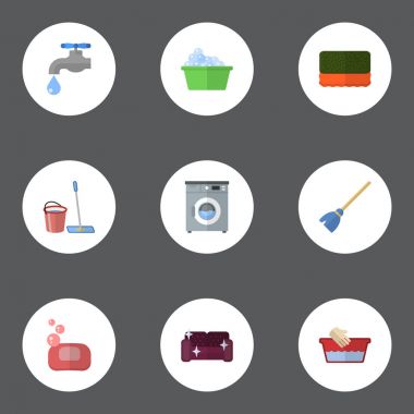 Düz simgeler çamaşırhanede, Besom, WISP ve diğer vektör öğeleri. Hijyen düz simgeler simge kümesi de yıkama, musluk, köpük nesneleri içerir.
