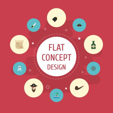 Düz simgeler gemi direksiyon simidi, define haritası, korsan şapkasını ve diğer vektör öğeleri. Korsanlık düz simgeler simge kümesi de korsan, tütün, direksiyon nesneleri içerir.