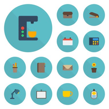 Düz simgeler mektup, bitki Pot, kalem sahibi ve diğer vektör öğeleri. Büro düz simgeler simge kümesi de kahve, arama, telefon nesneleri içerir.