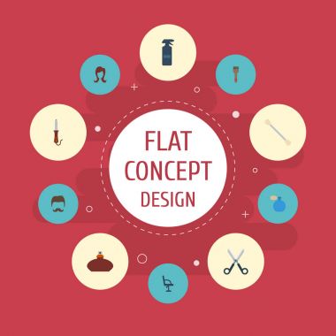 Düz simgeler bıyık, dirsek sandalye, Deodorant ve diğer vektör öğeleri. Kuaför düz simgeler simge kümesi de şişe, Flacon, makas nesneleri içerir.