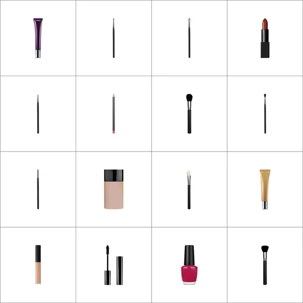 Pomada realista, equipos de moda, accesorios de belleza y otros elementos vectoriales. Set de Cosméticos Símbolos Realistas También Incluye Crema, rubor, Mascara Objetos . — Vector de stock