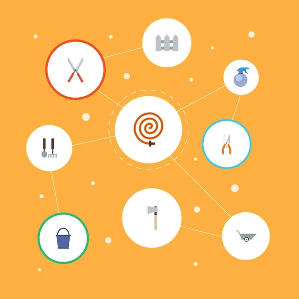 Iconos planos manguera de jardín, carretilla de ruedas, podadora y otros elementos vectoriales. Conjunto de símbolos de iconos planos de horticultura también incluye tijeras, aerosol, objetos de instrumentos . — Archivo Imágenes Vectoriales