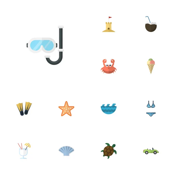 Icônes plates Conque, natation, château et autres éléments vectoriels. Ensemble de symboles d'icônes plates de saison comprend également la tortue, la coupe, les objets d'eau . — Image vectorielle
