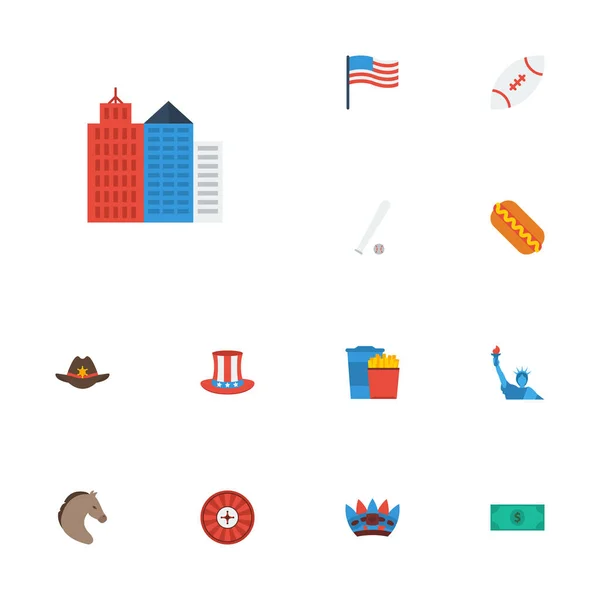 Ícones planos América, salsicha, metrópole e outros elementos vetoriais. Conjunto de símbolos de ícones planos dos EUA também inclui estátua, EUA, objetos de vaqueiro . —  Vetores de Stock