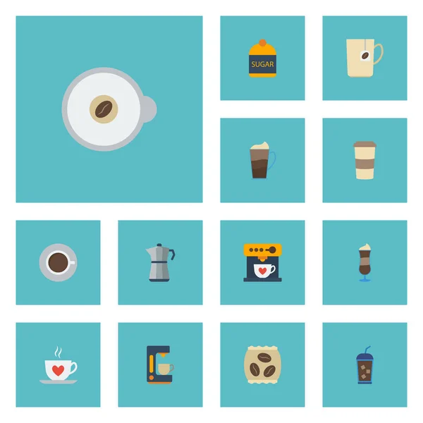 Platillo de iconos planos, latte, cafetera y otros elementos vectoriales. Set De Iconos Planos De Café Símbolos También Incluye Mocha, Ir, Objetos De La Cafetera . — Vector de stock