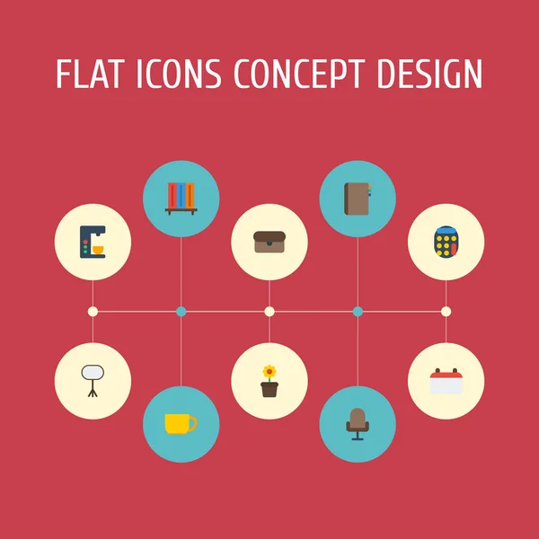 Plat pictogrammen Contact, thee, espressomachine en andere vectorelementen. Set van werkruimte plat pictogrammen symbolen bevat ook Stand, aktetas, alledaagse voorwerpen. — Stockvector