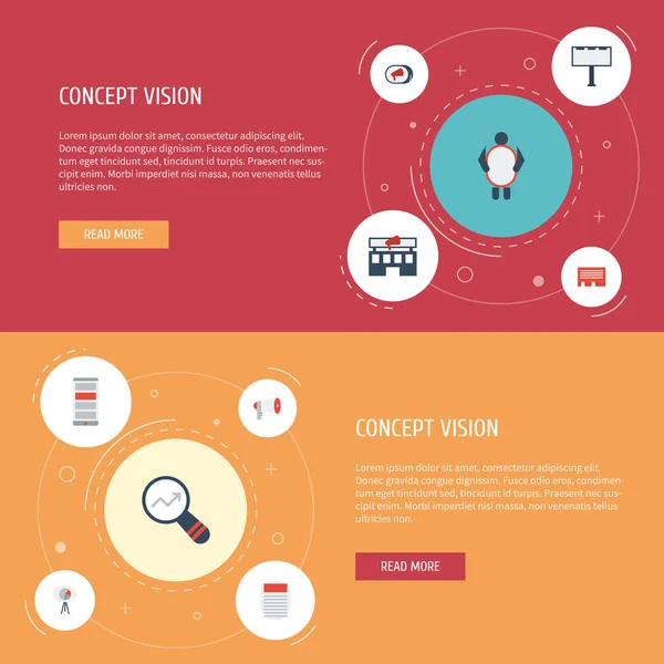 Statistika ploché ikony, aplikace, muž s Banner a další prvky vektoru. Sada marketingových ploché ikony symbolů také obsahuje objekty trhu, statistiky, noviny,. — Stockový vektor
