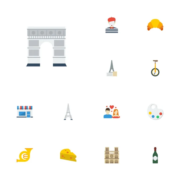 Flat Icons Unicycle, Restaurant, Palette And Other Vector Elements (dalam bahasa Inggris). Set Of Europe Flat Icons Symbols Also Includes Building, Cycle, Trombone Objects . - Stok Vektor