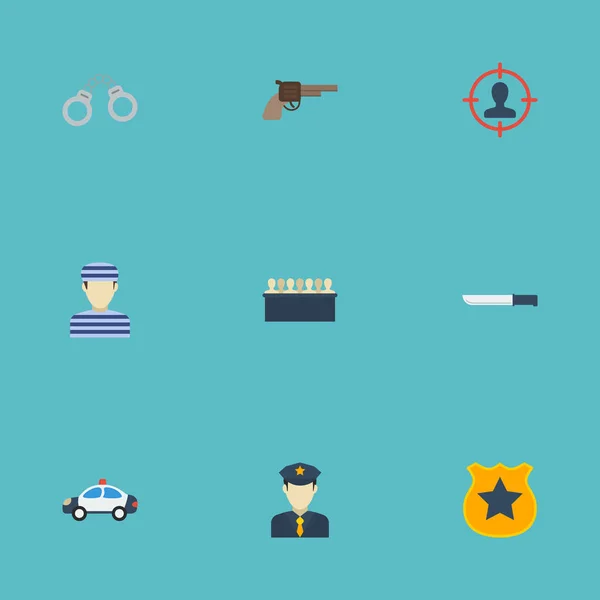 Flat Icons Manacles, Bayonet, Officer Emblem And Other Vector Elements (dalam bahasa Inggris). Set Of Crime Flat Icons Symbols Also including Car, Badge, People Objects . - Stok Vektor