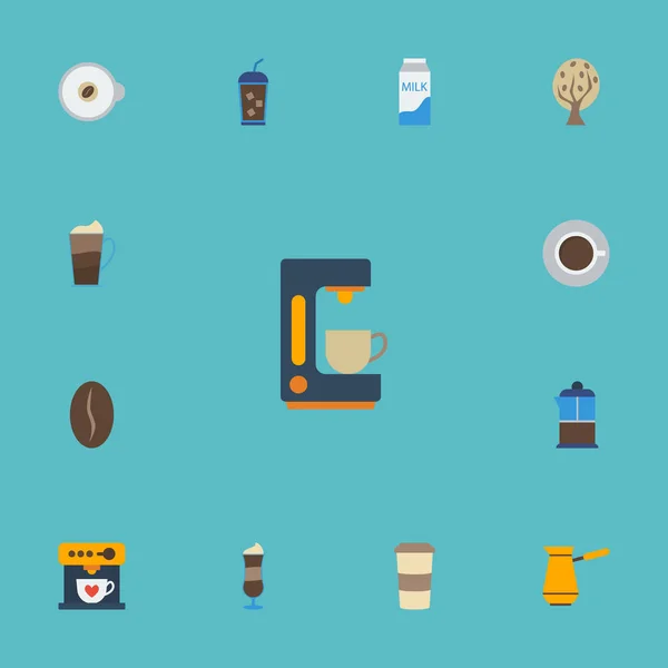 Iconos planos Copa de plástico, caja de papel, cafetera y otros elementos vectoriales. Set de iconos planos de café Símbolos también incluye olla, taza, objetos turcos . — Vector de stock