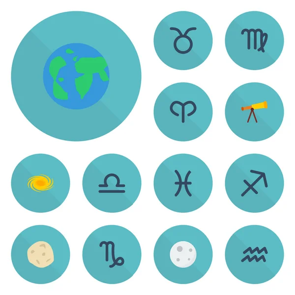 Iconos planos Portador de agua, peces, escalas y otros elementos vectoriales. Set de Astrología Iconos Planos Símbolos También Incluye Cometa, Tauro, Objetos Cosmos . — Vector de stock