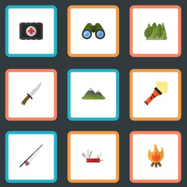 Düz simgeler yumruk yardım, balıkçılık, odun ve diğer vektör öğeleri. Kamp düz simgeler simge kümesi de balıkçılık, Hill, orman nesneleri içerir.