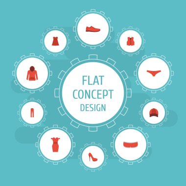 Düz simgeler lastikbotlar, iç çamaşırı, yelek ve diğer vektör öğeleri. Ayrıca şapka, yelek, giyim nesneleri içeren küme giysi düz simgeleri simgeleri.