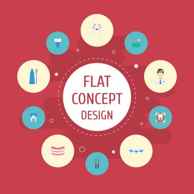 Düz simgeler diş taç, ekipman, implantasyon ve diğer vektör öğeleri. Diş düz simgeler simge kümesi de sağlıklı içerir, Implant, diş nesneleri.